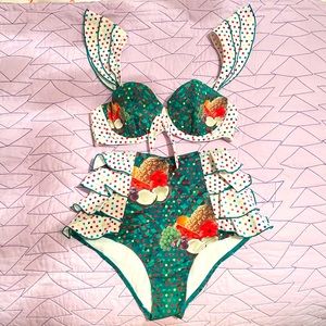 ModCloth Fruit Print Polka Dot High Waisted Ruffle Bikini